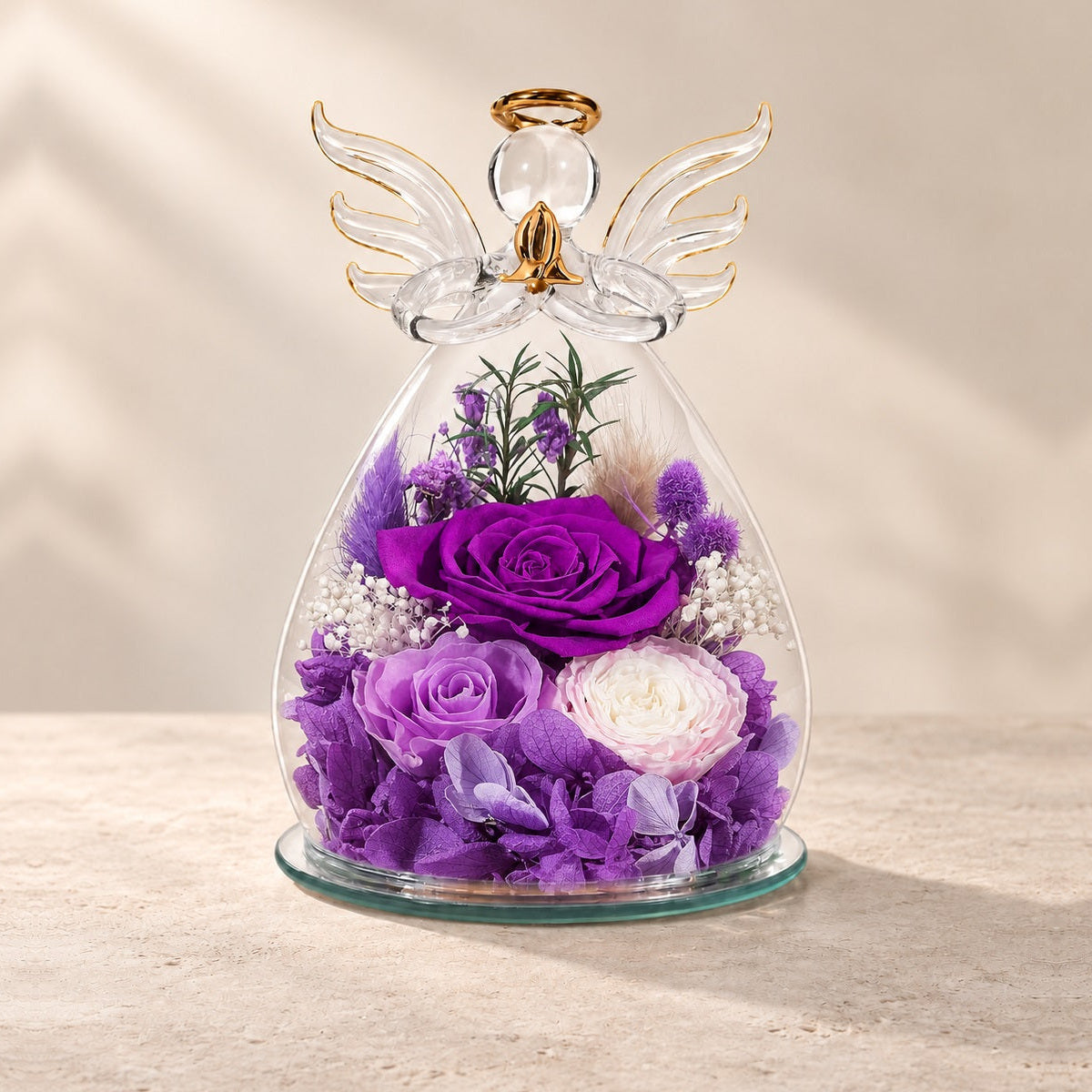 Purple Angel Glass Keepsake on a warm neutral background