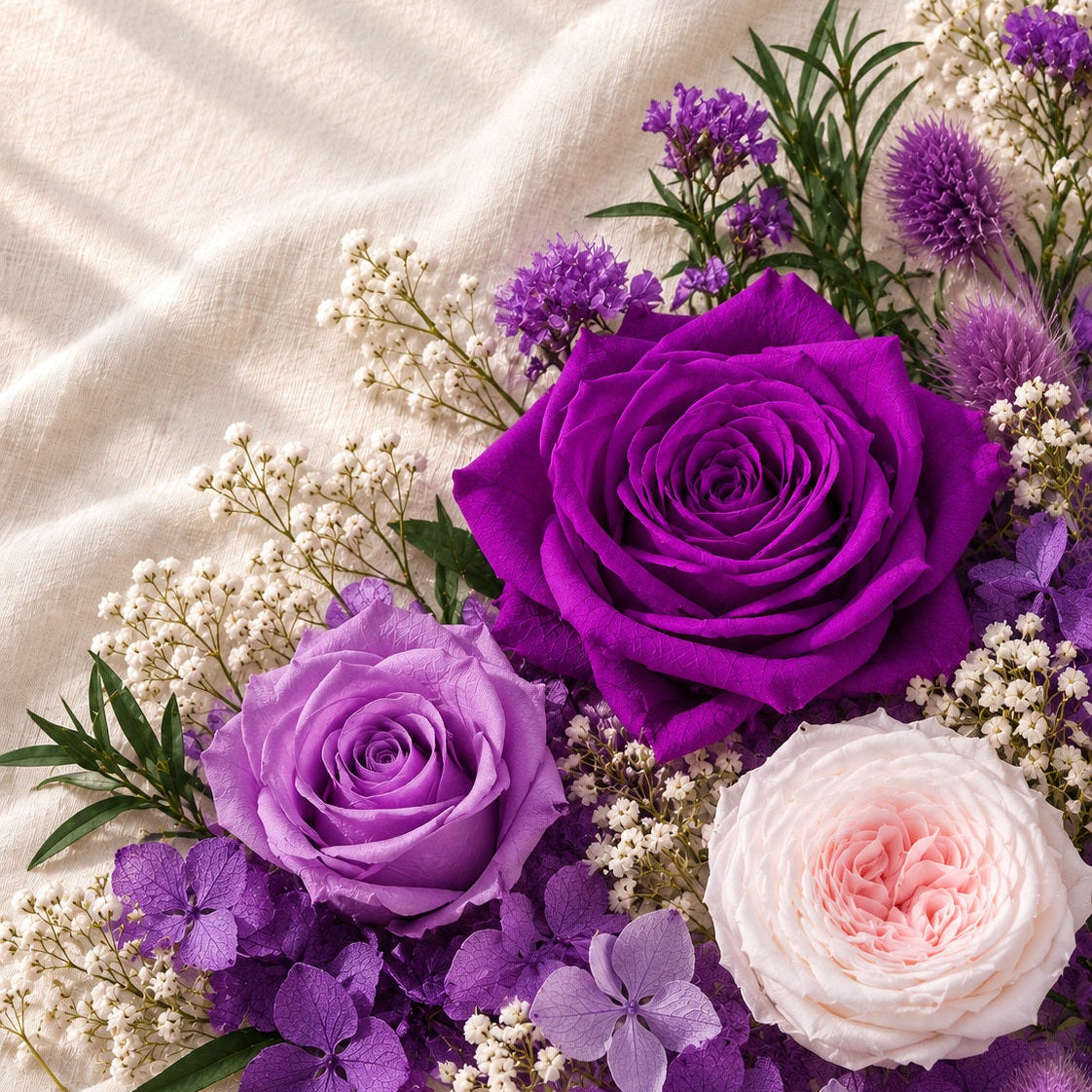 Purple preserved roses and botanical materials