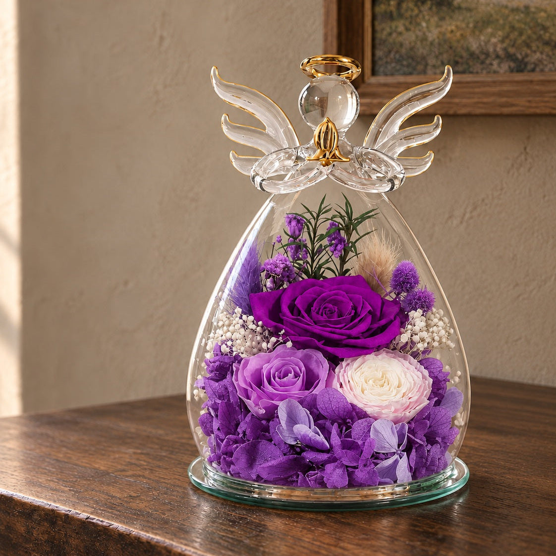 Purple Angel Glass Keepsake displayed in a home interior