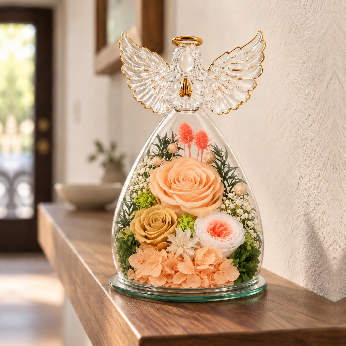 Champagne Angel Wings Keepsake on a walnut wall shelf