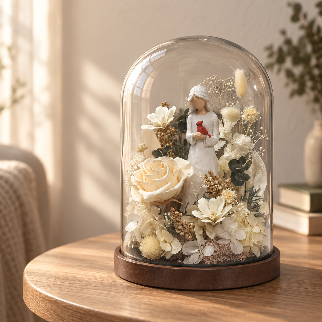 Cardinal glass dome displayed in a quiet bedroom