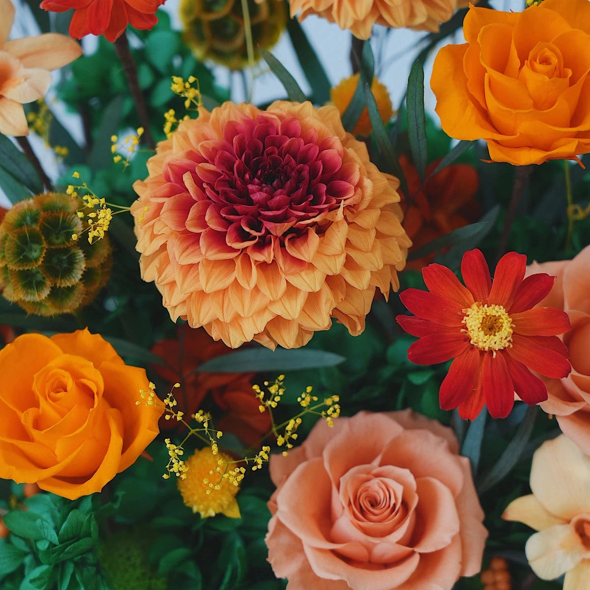tall orange octagonal flower box: flowers without the clear cover