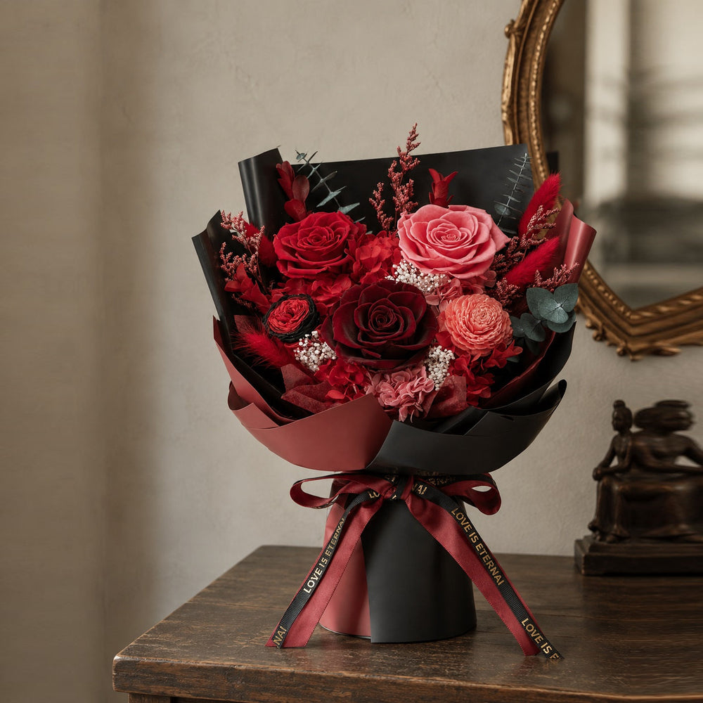 Red Romance Bouquet displayed in warm afternoon light