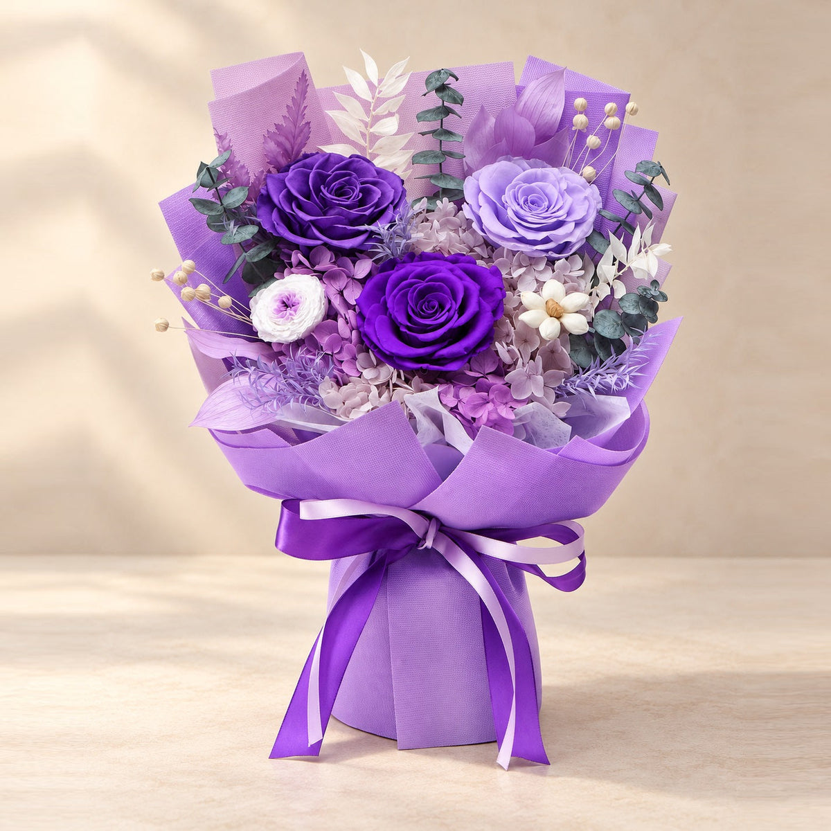 Complete Purple Romance Bouquet on a warm neutral background