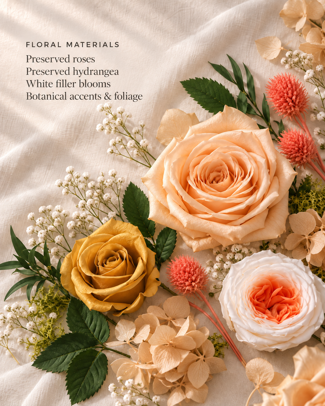 Champagne preserved roses and botanical materials