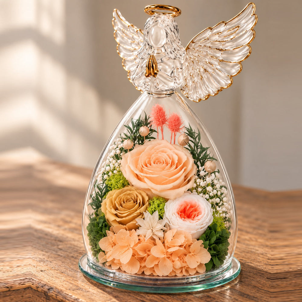 Close view of the champagne flowers and feather-wing glass angel