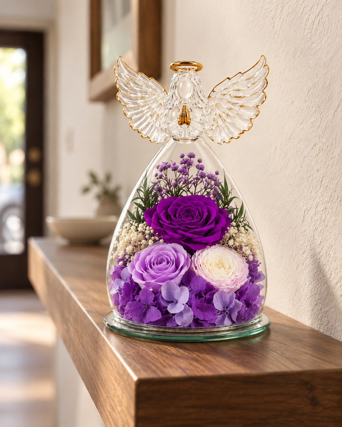 Purple Angel Wings Keepsake on a walnut wall shelf