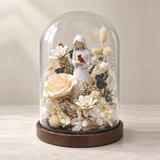 Cardinal in Her Hands glass dome with ivory preserved flowers