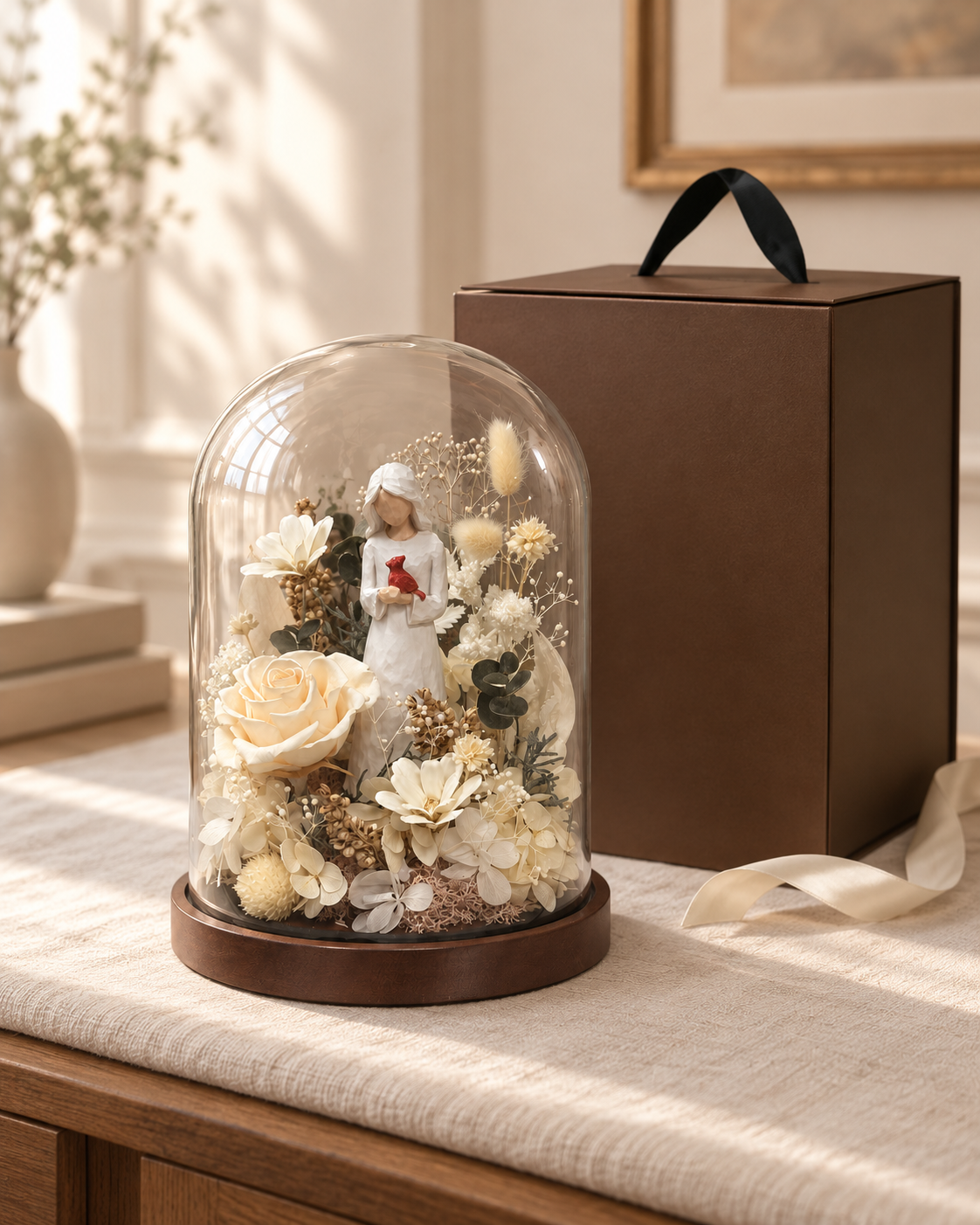 Cardinal glass dome with gift-ready packaging