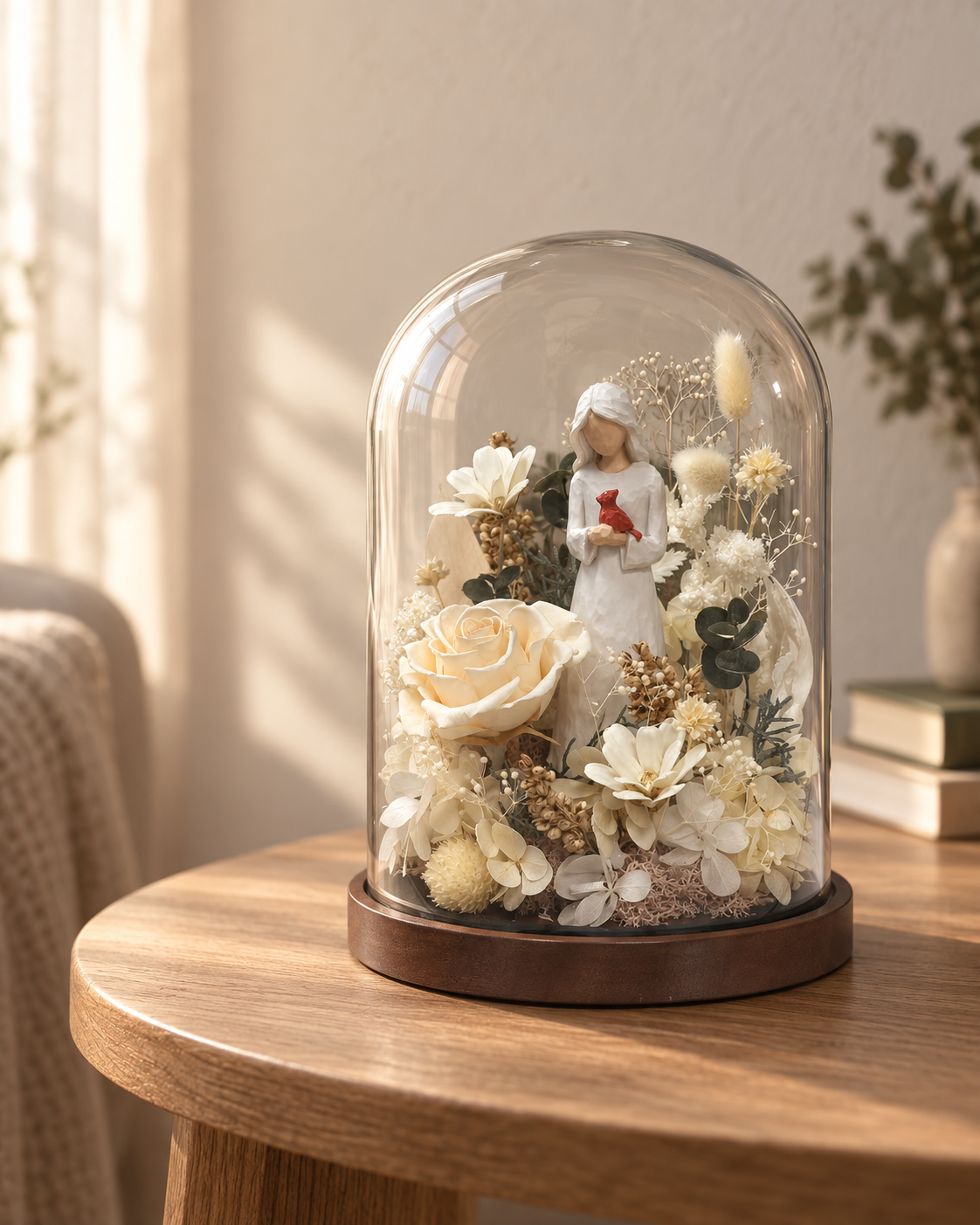 Cardinal glass dome displayed in a quiet bedroom