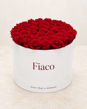 Fiaco Embrace Rose Cylinder front view with deep red roses and more than a moment on the base
