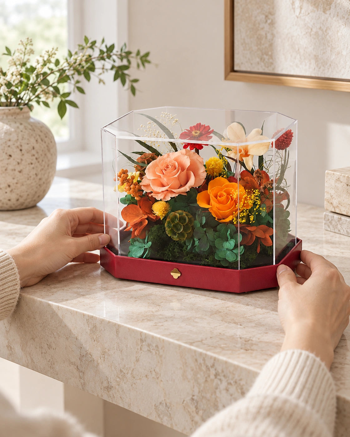 short orange octagonal flower box: product detail or setting