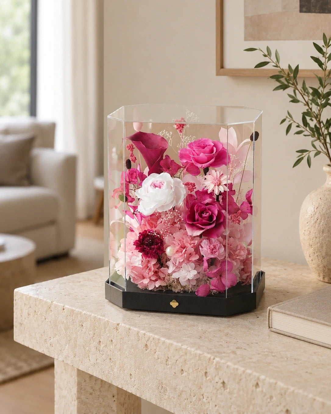 tall pink octagonal flower box: product detail or setting