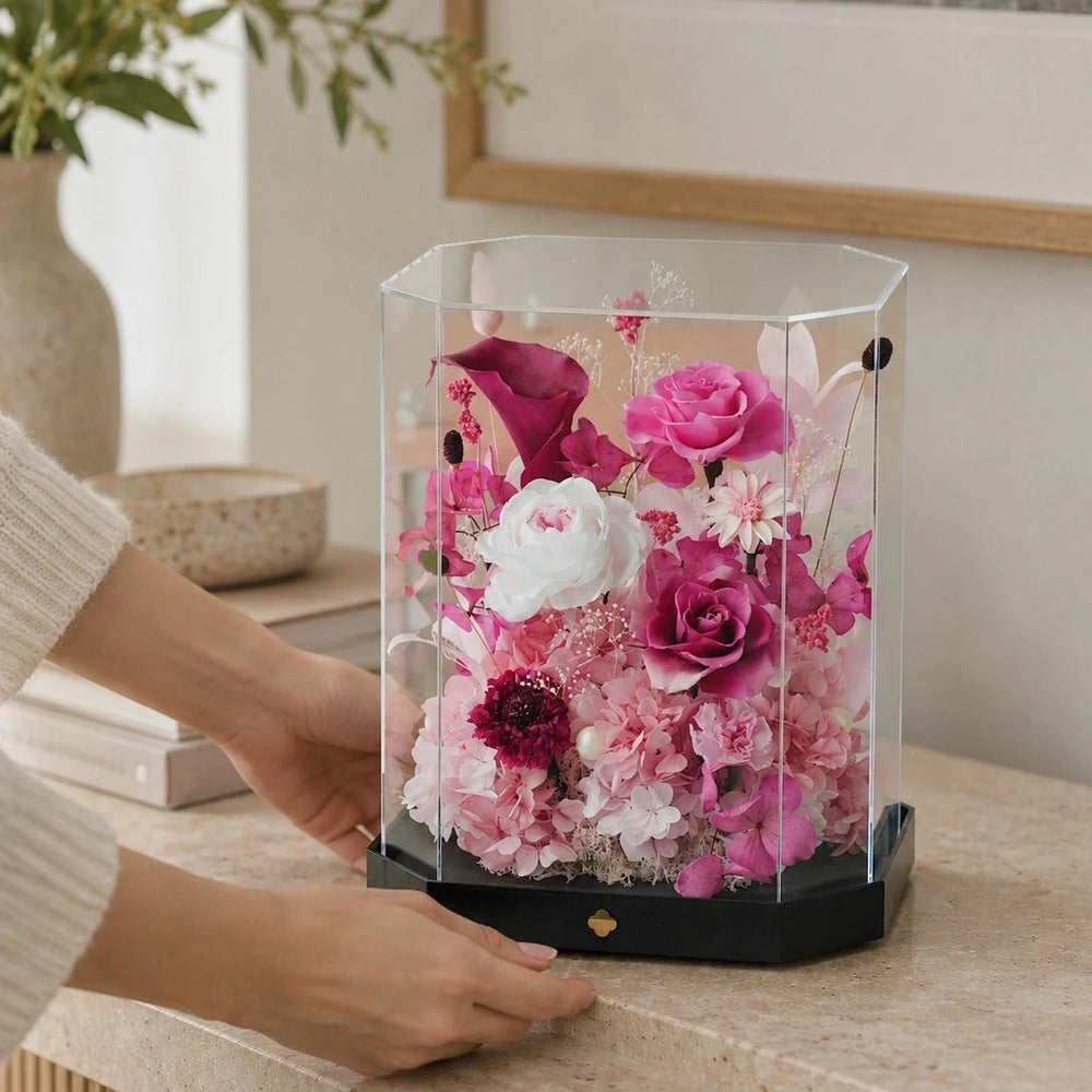tall pink octagonal flower box: product detail or setting