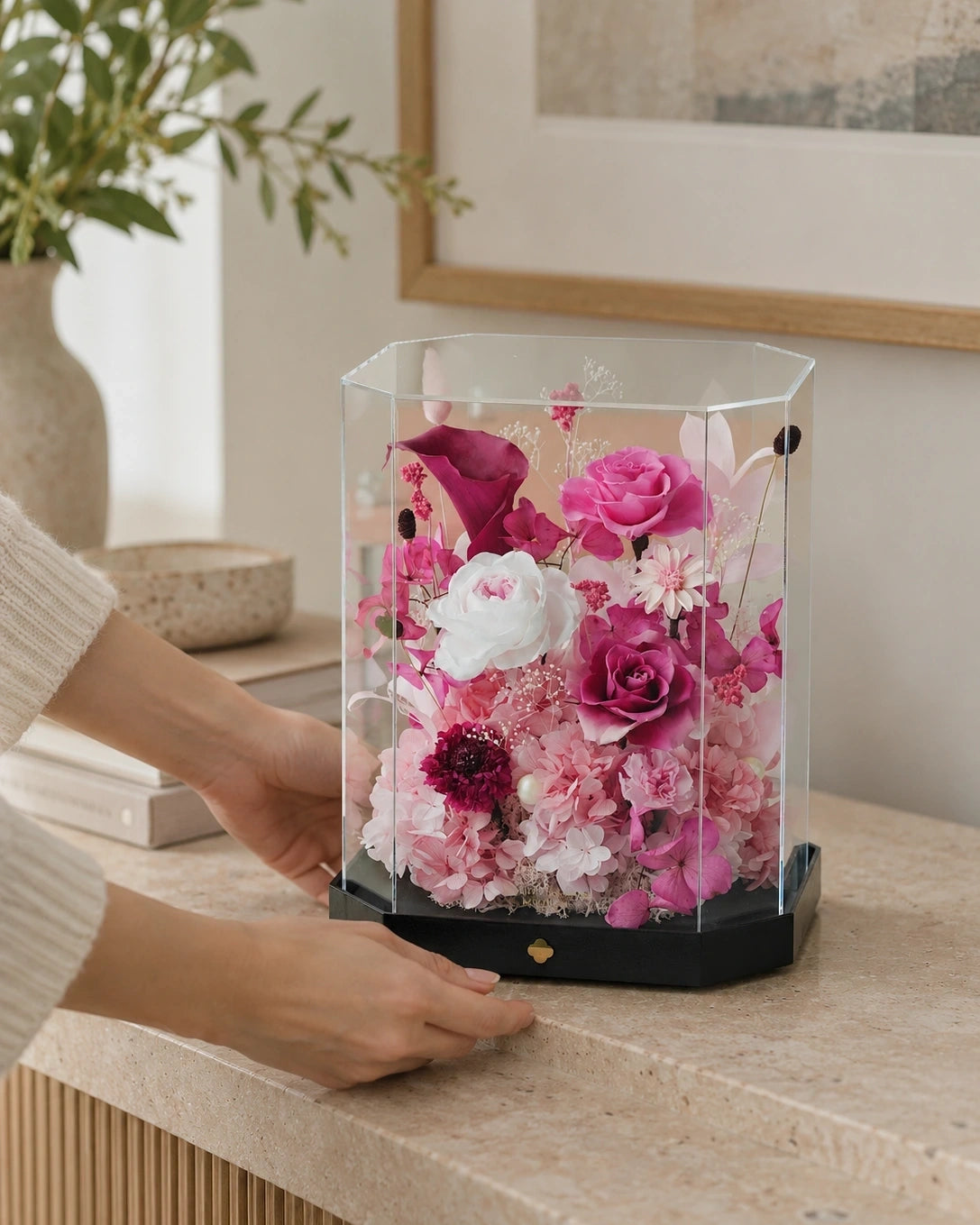 tall pink octagonal flower box: product detail or setting