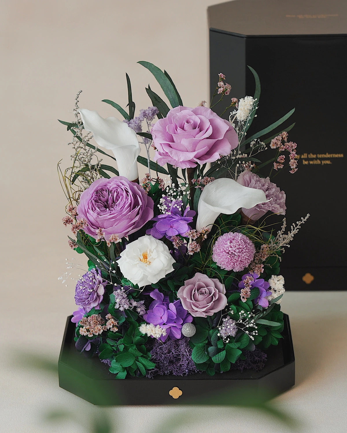 tall purple octagonal flower box: flowers without the clear cover