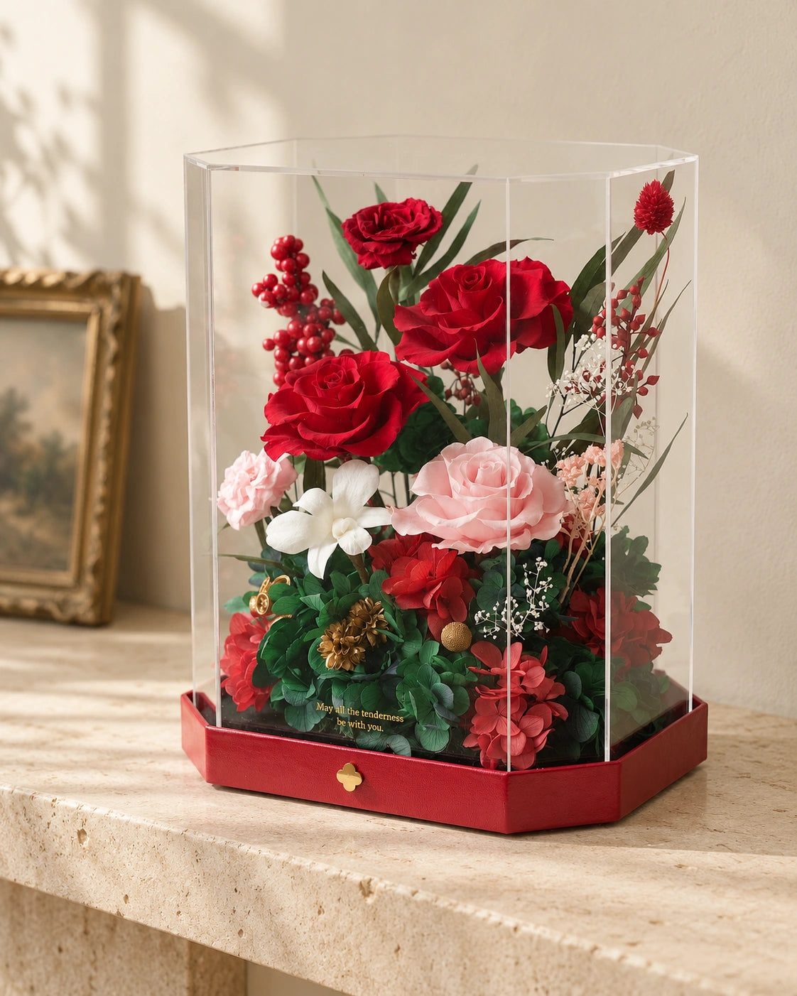 tall red octagonal flower box: product detail or setting