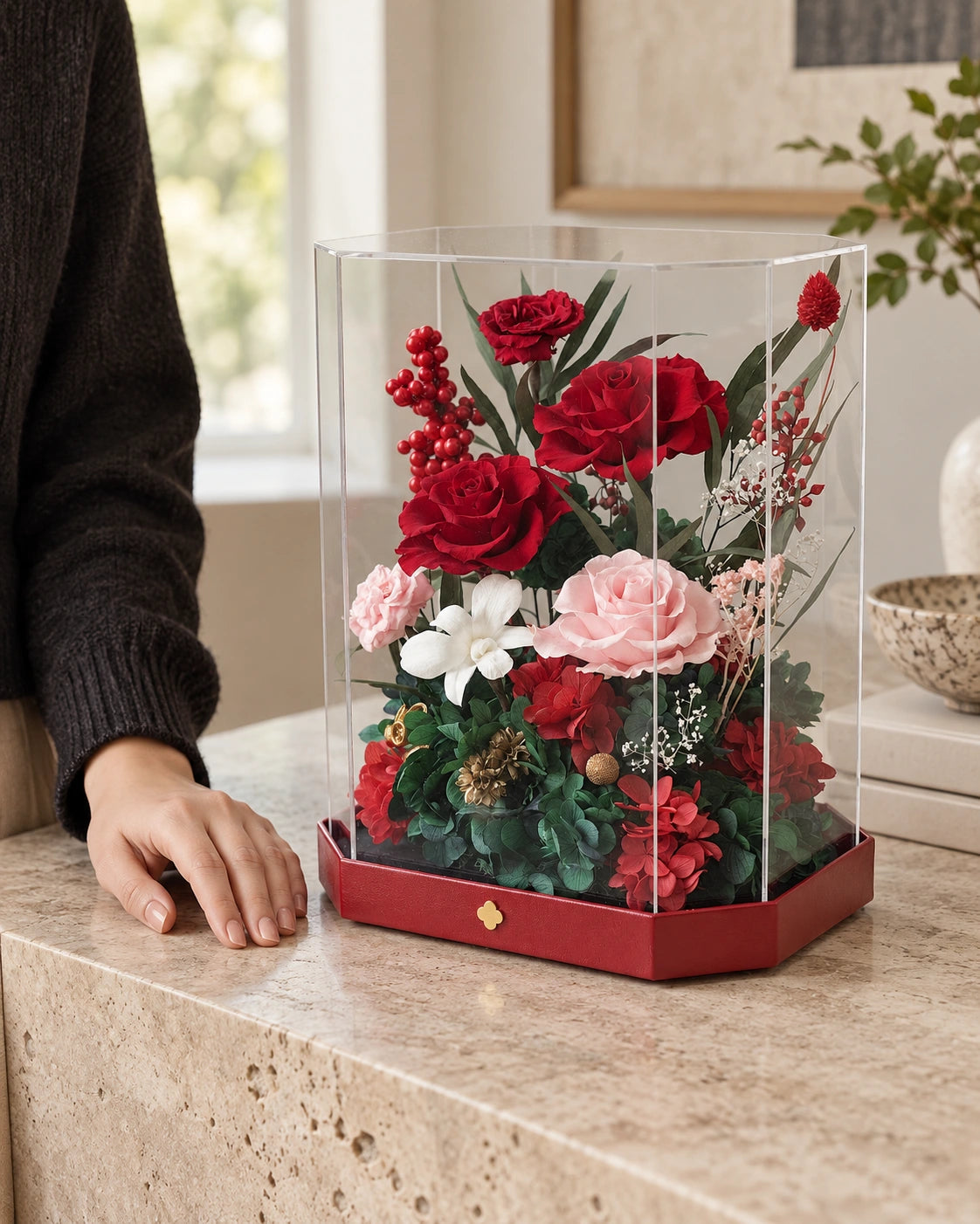 tall red octagonal flower box: product detail or setting