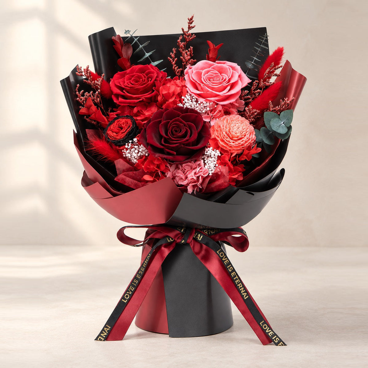 Red Romance Bouquet on a warm neutral background