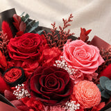 Close view of the preserved flowers in the Red Romance Bouquet