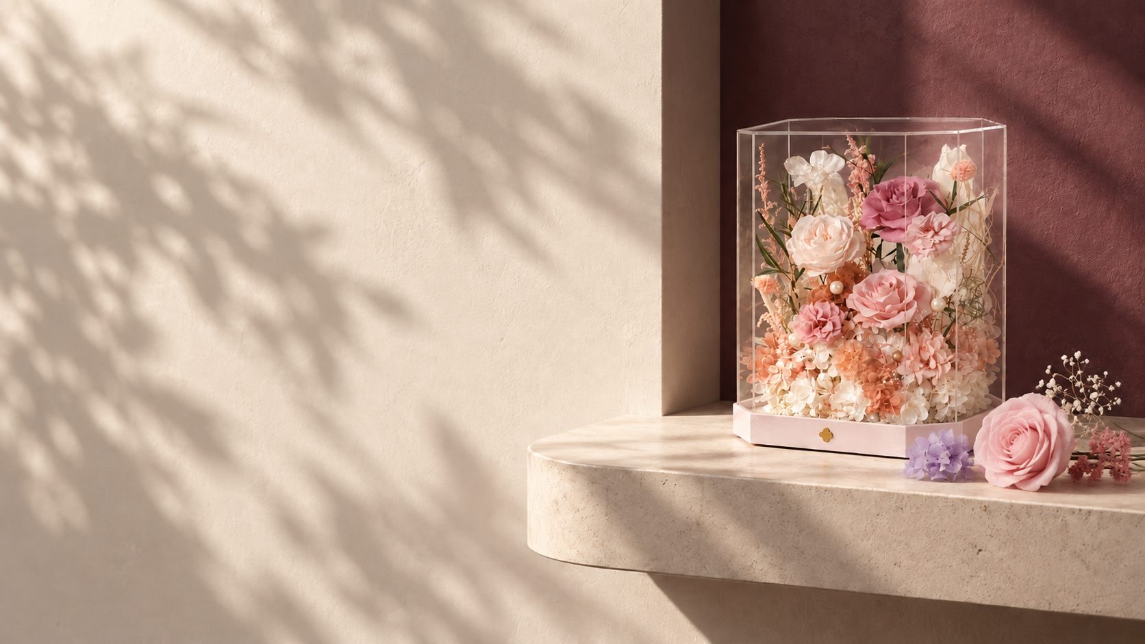 Fiaco preserved flower keepsake in warm natural light