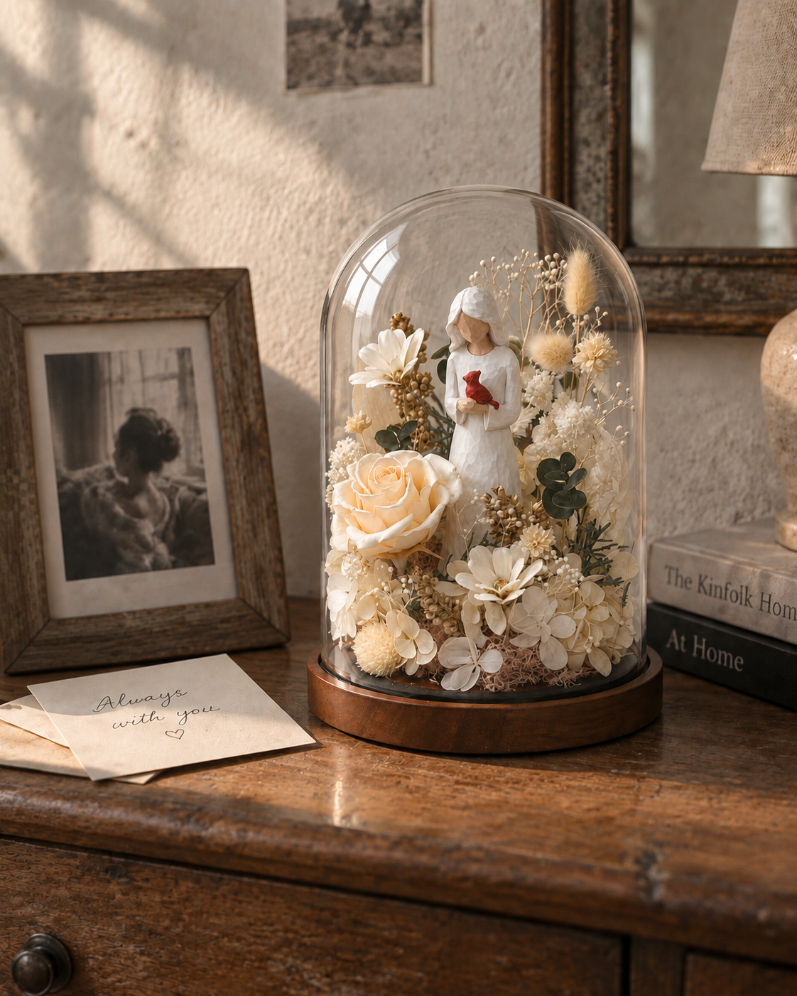 Fiaco keepsake displayed beside a framed photograph and handwritten card